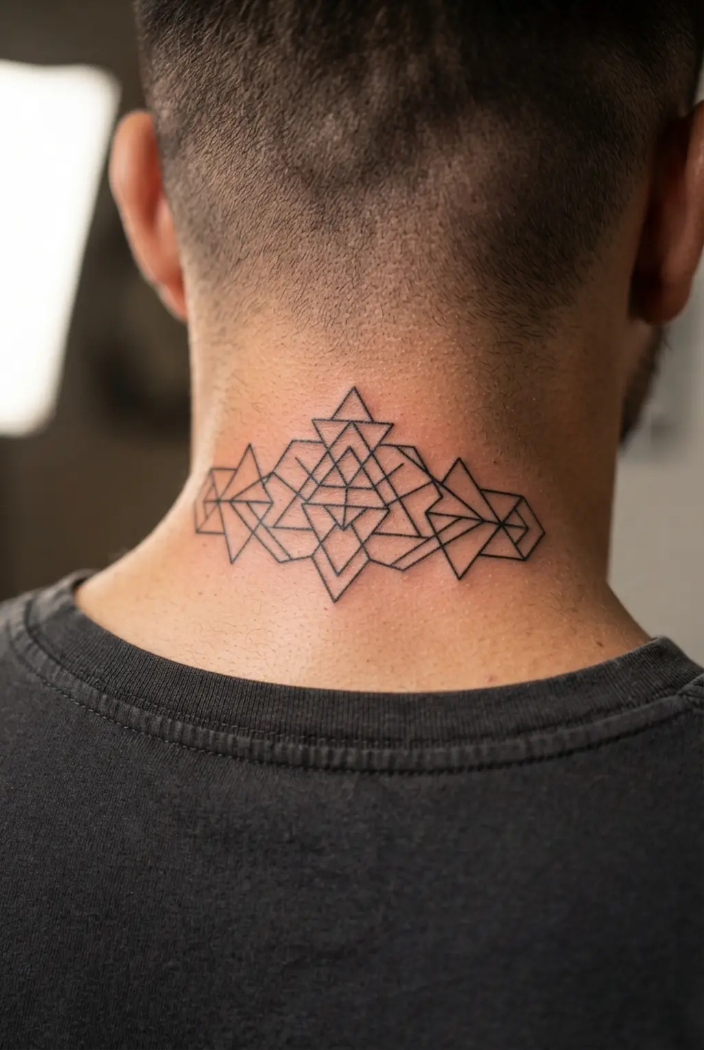 Minimalist geometric line tattoo on the nape of the neck.