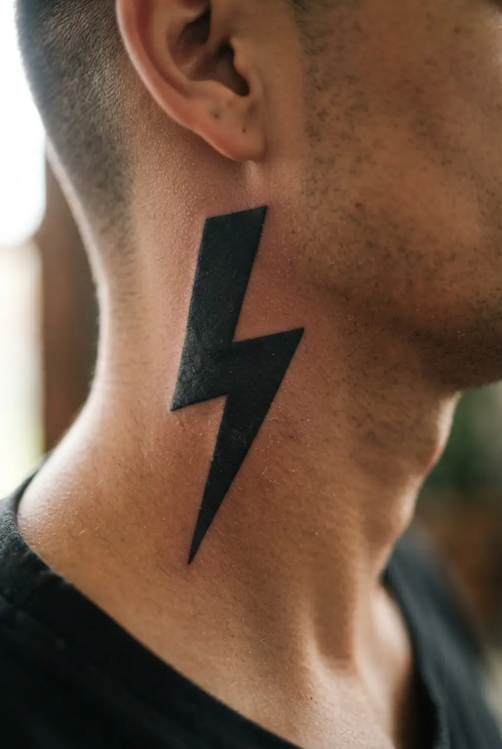Striking lightning bolt tattoo running down the side of the neck.