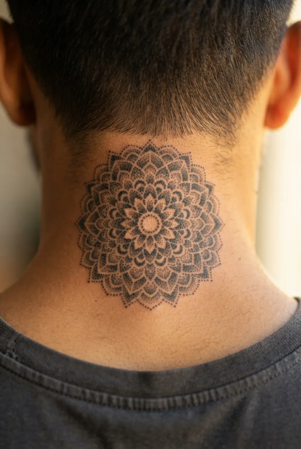 Detailed mandala tattoo created with dotwork technique on the nape.