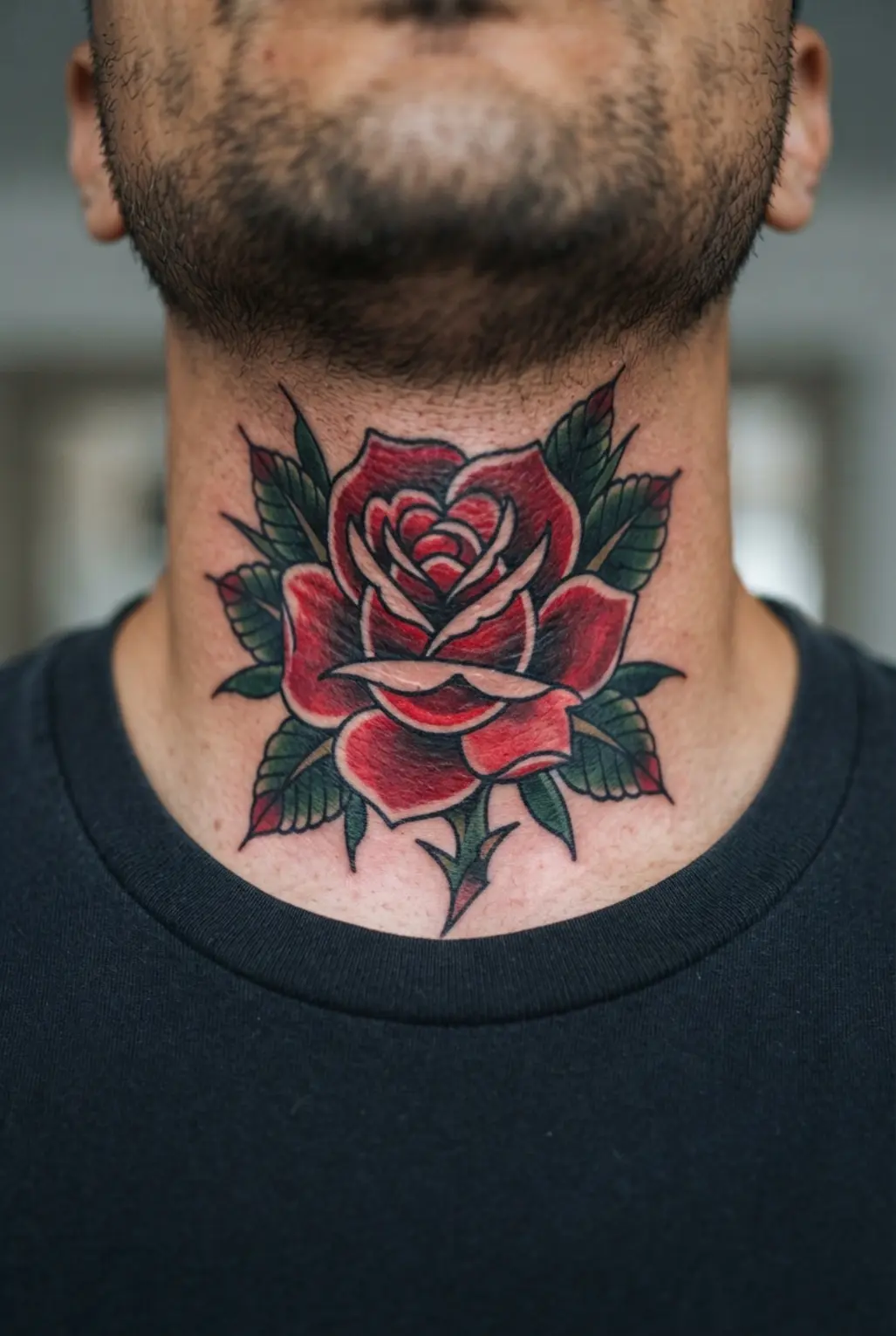Colorful neo traditional rose tattoo design on the front of the neck.