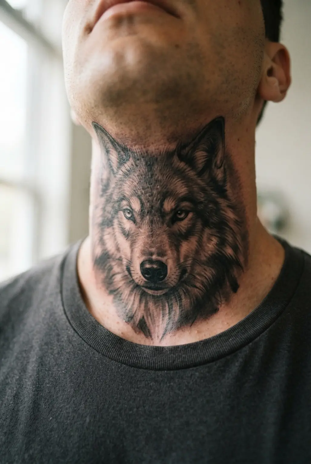 Realistic wolf portrait tattoo covering the front of the neck.