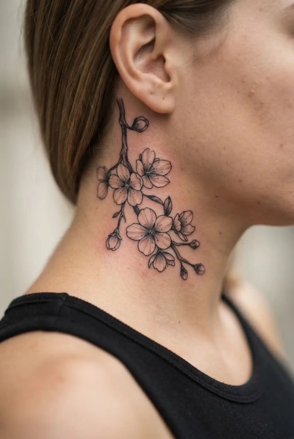 Realistic cherry blossom branch curves along the side of the neck with open petals and fine shading.