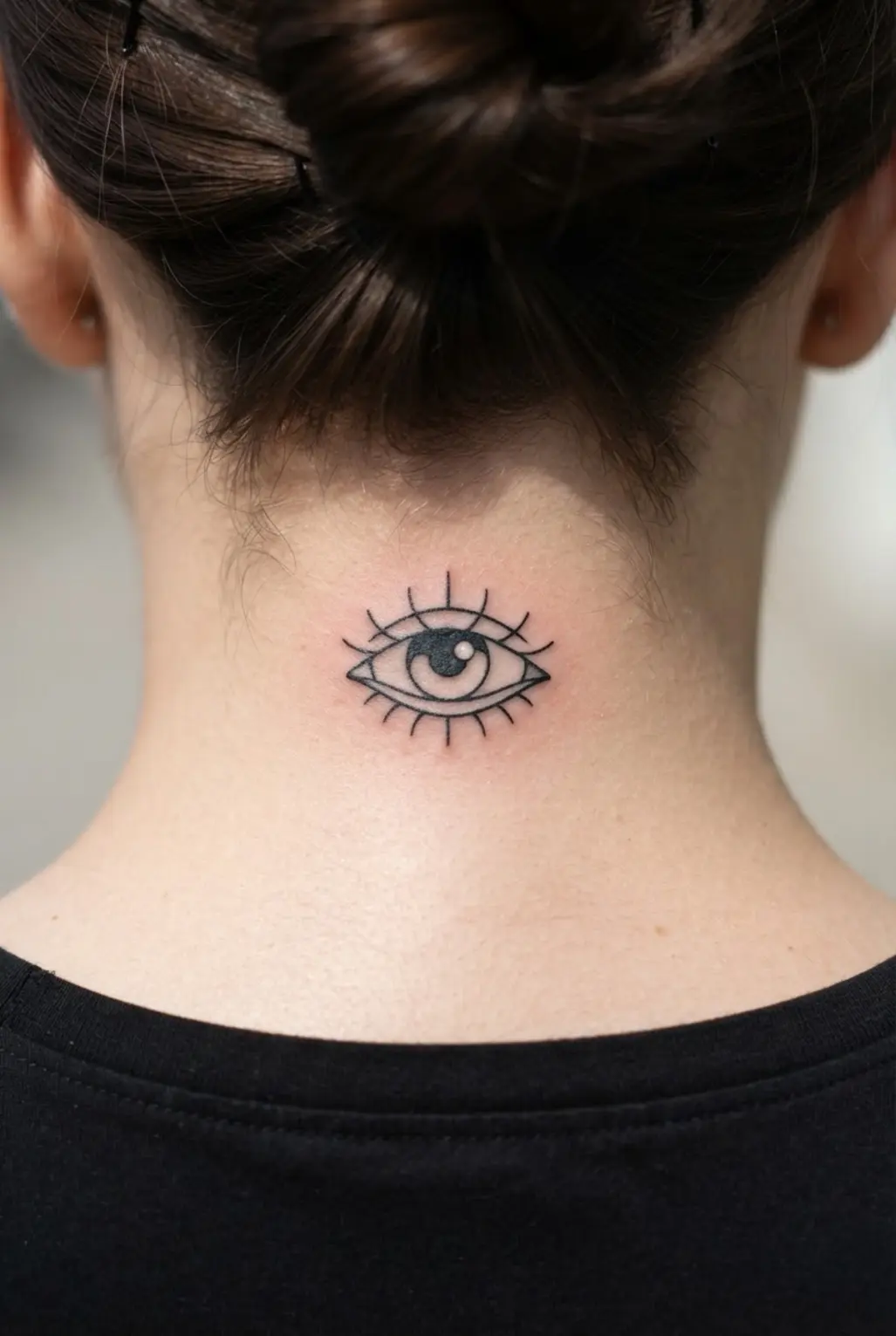 Minimalist protection eye below the hairline with fine lashes, a small iris, and clean black outlines.