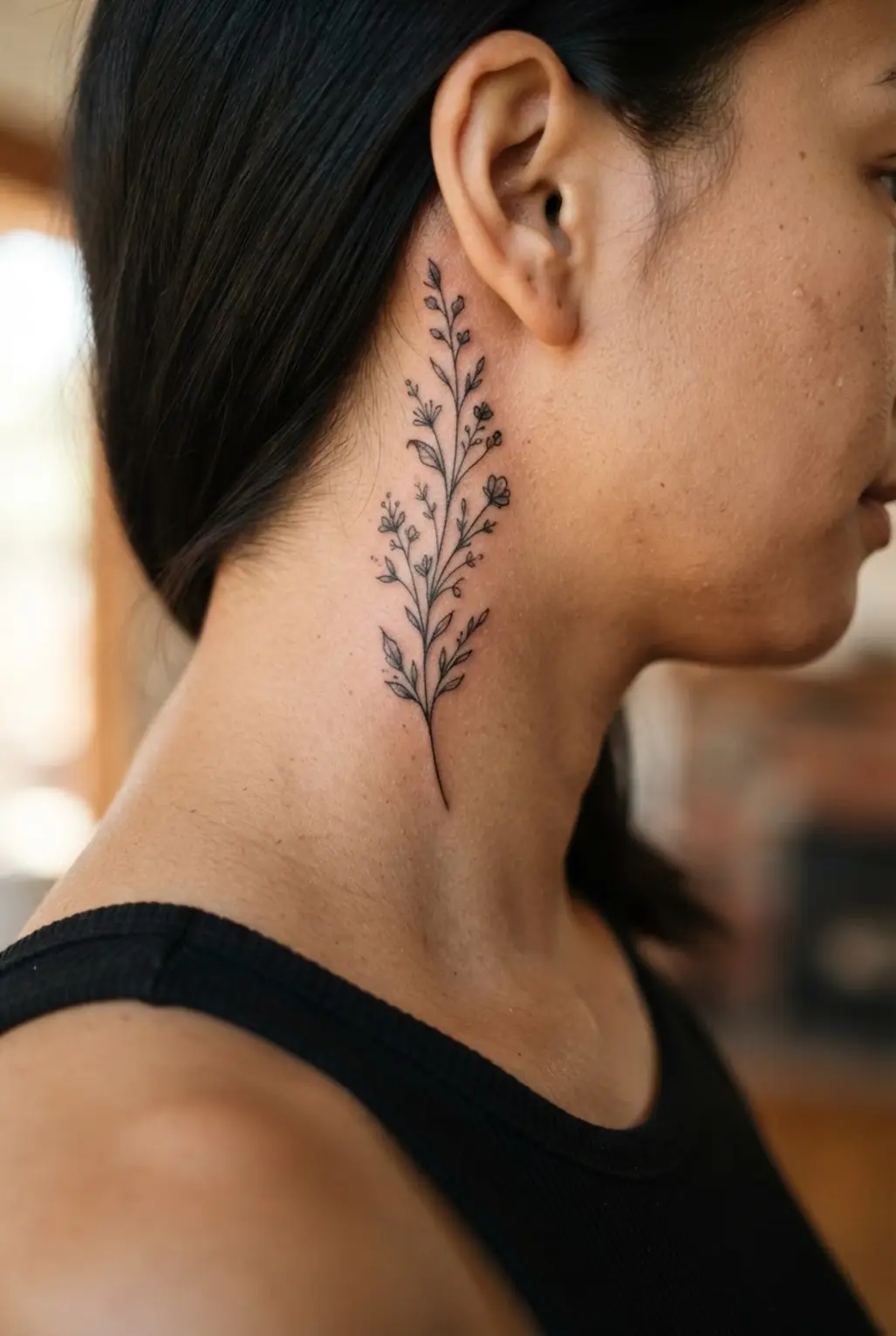 Single-needle wildflower stem with narrow leaves placed vertically along the side of the neck.