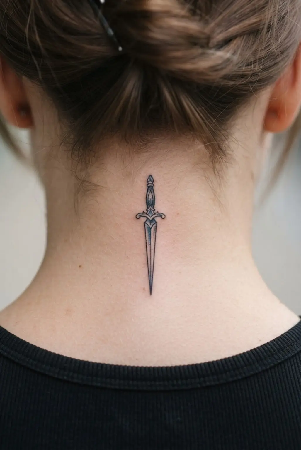Tiny ornamental dagger positioned vertically on the neck with a pointed tip and fine decorative lines.