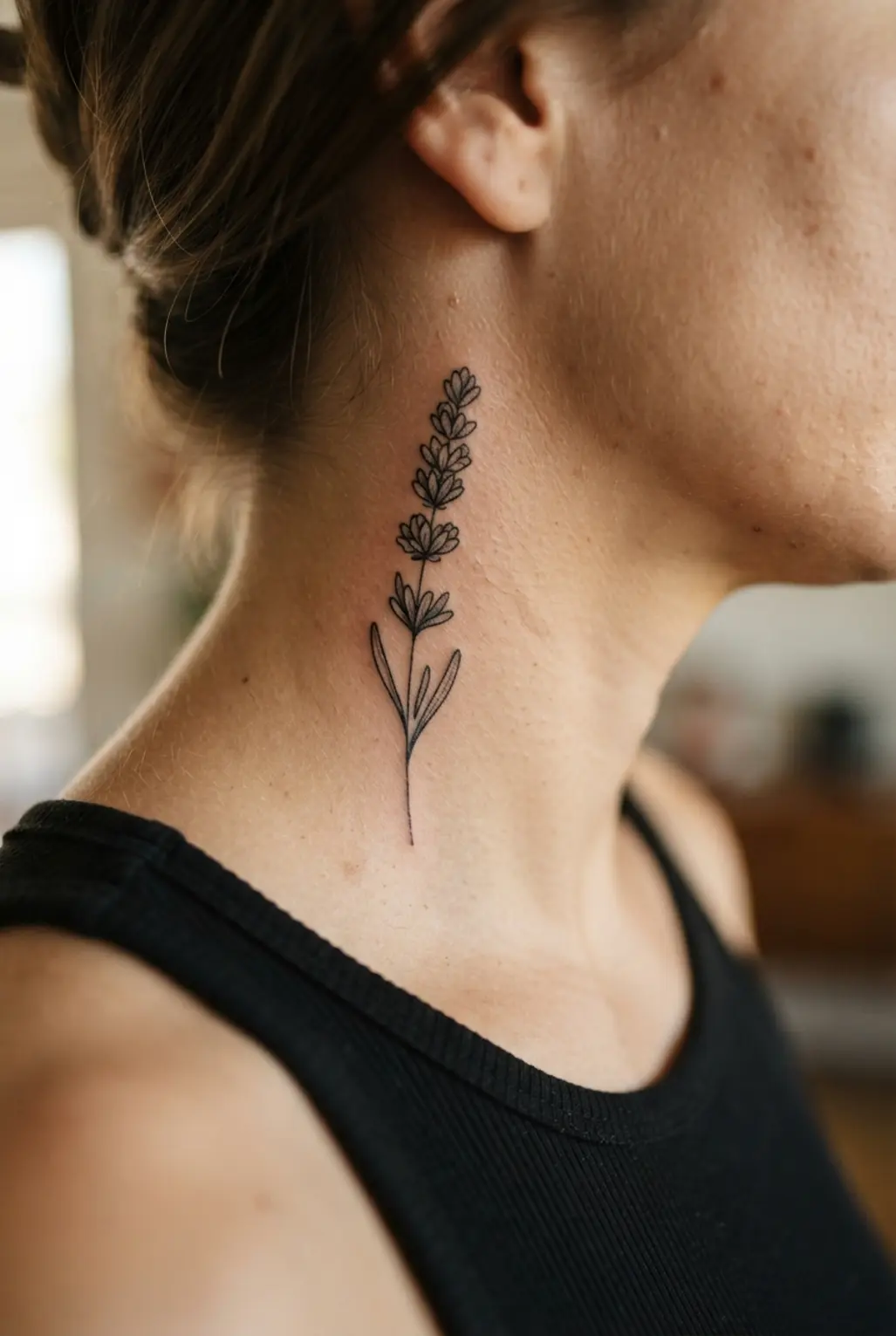 Small lavender sprig with narrow leaves and clustered buds, a delicate neck tattoo idea for women in black ink.