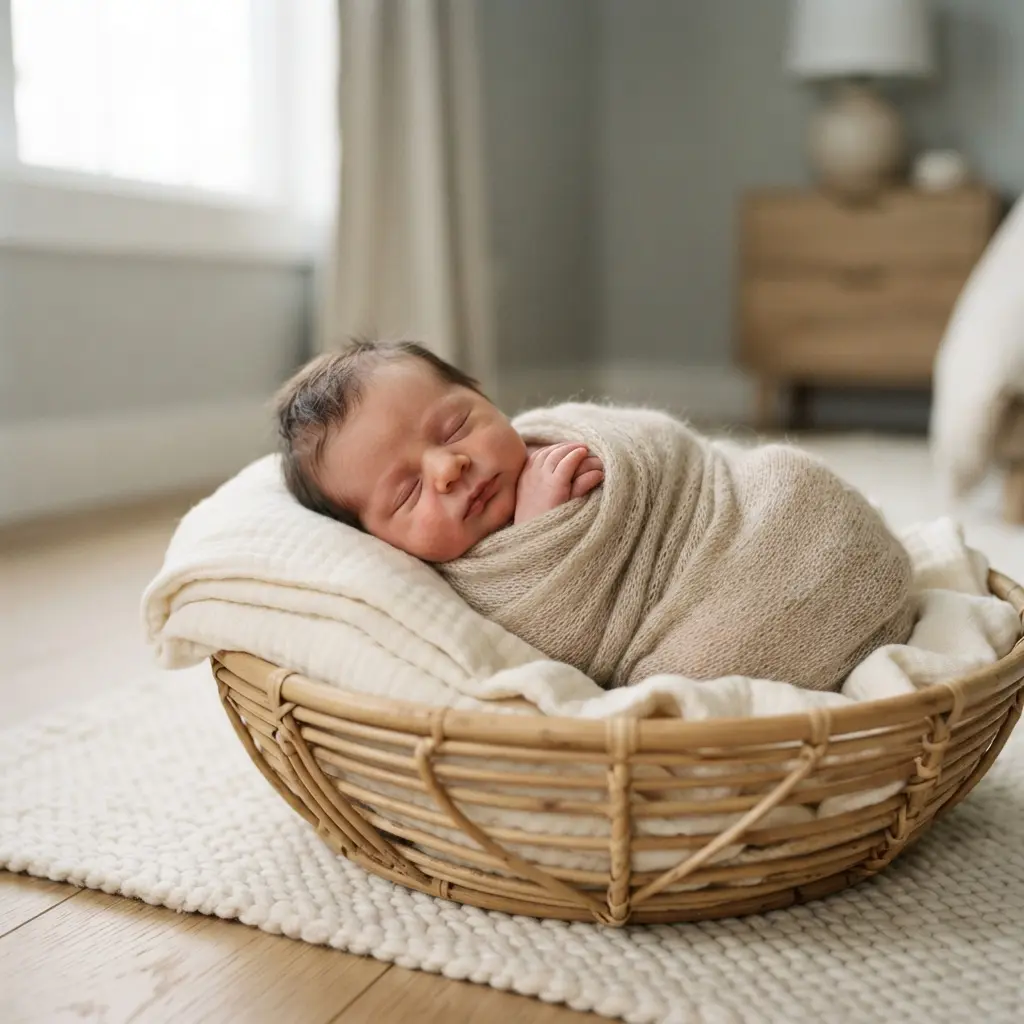 Newborn resting in a neutral mohair swaddle inside a woven basket, a soft portrait setup for newborn photography ideas.