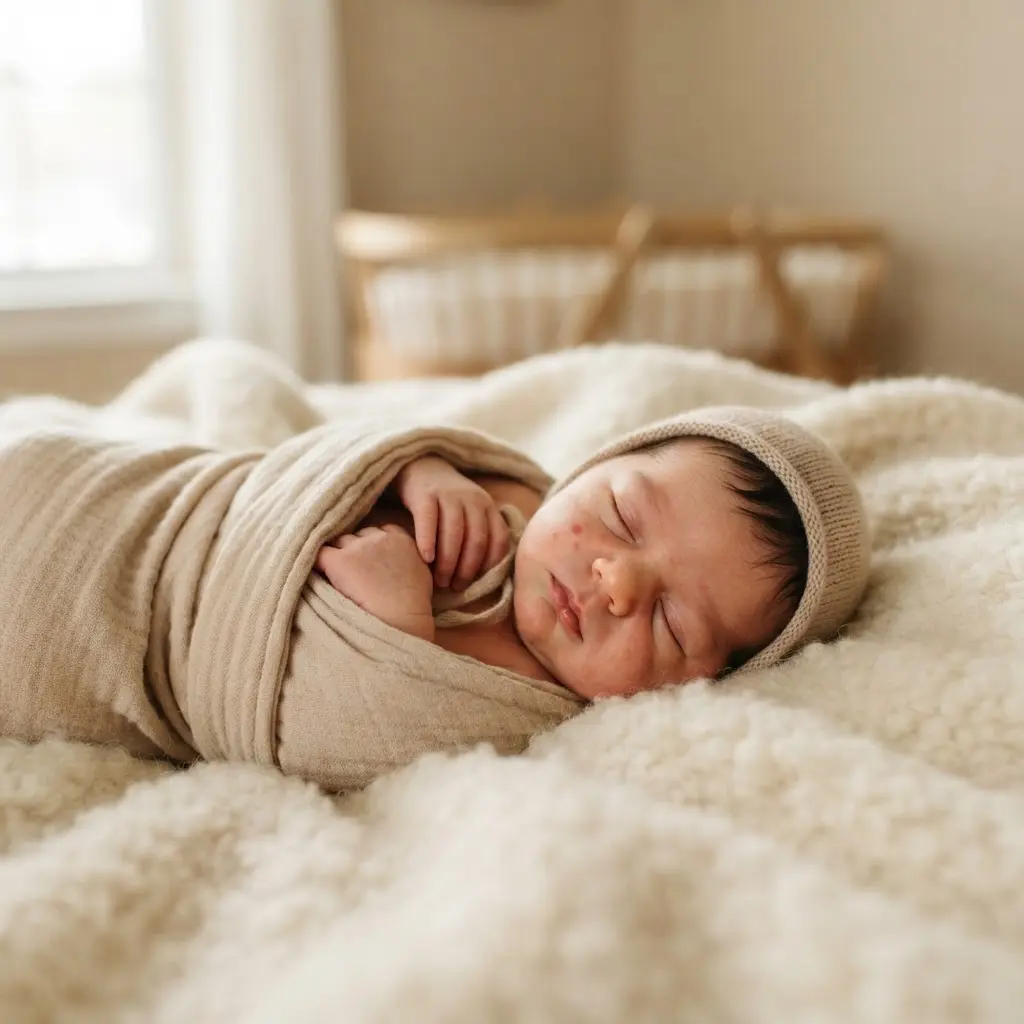 Several family members’ hands gently surround a sleeping newborn on a neutral blanket in a close portrait.