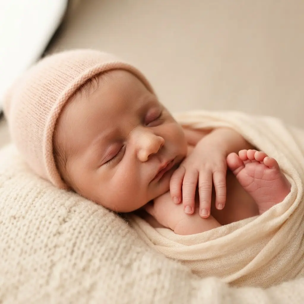 Close view of newborn eyelashes, curled fingers, and tiny toes photographed with gentle macro detail and soft focus.