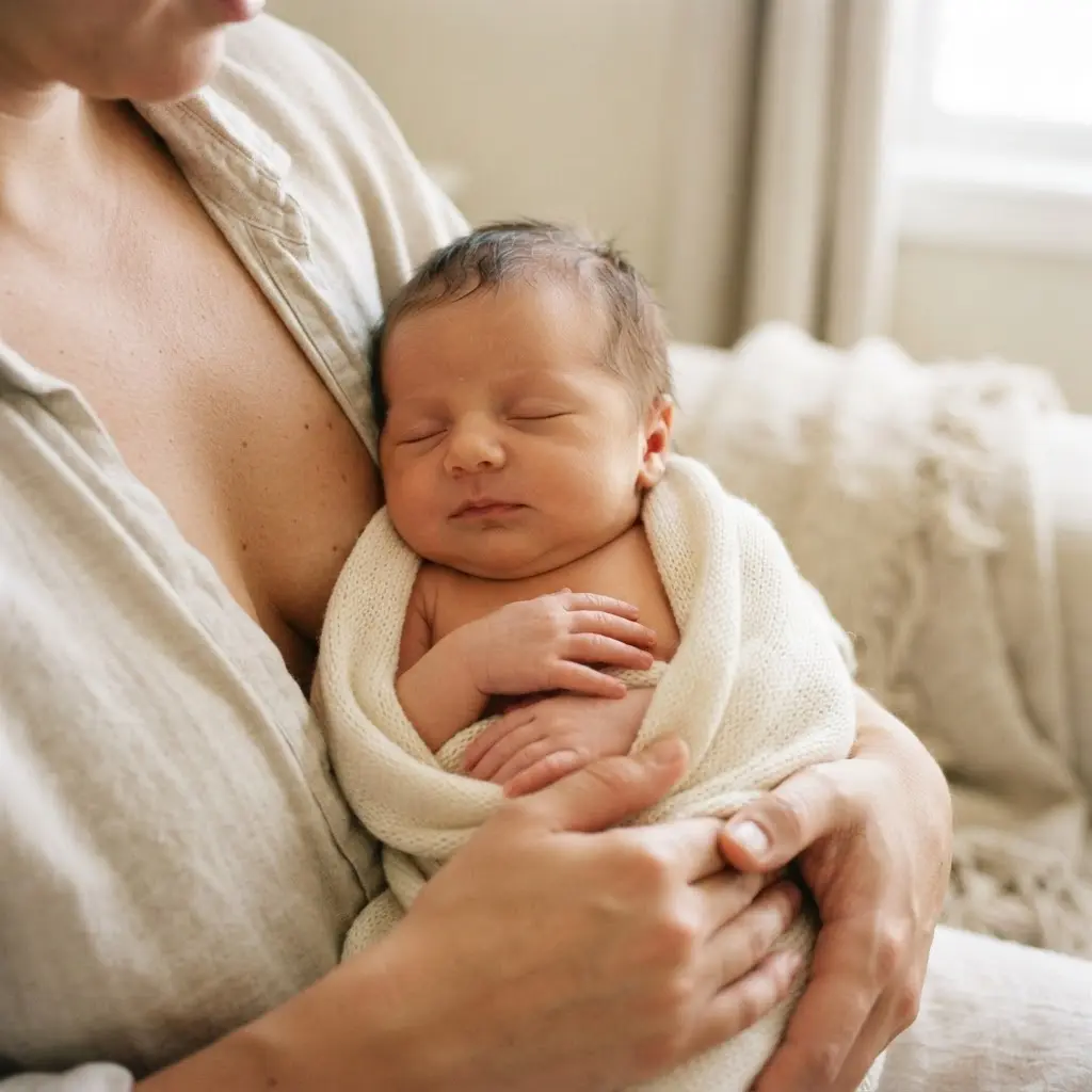 Newborn resting against a parent’s bare chest during a quiet skin-to-skin embrace, a warm newborn photography idea.
