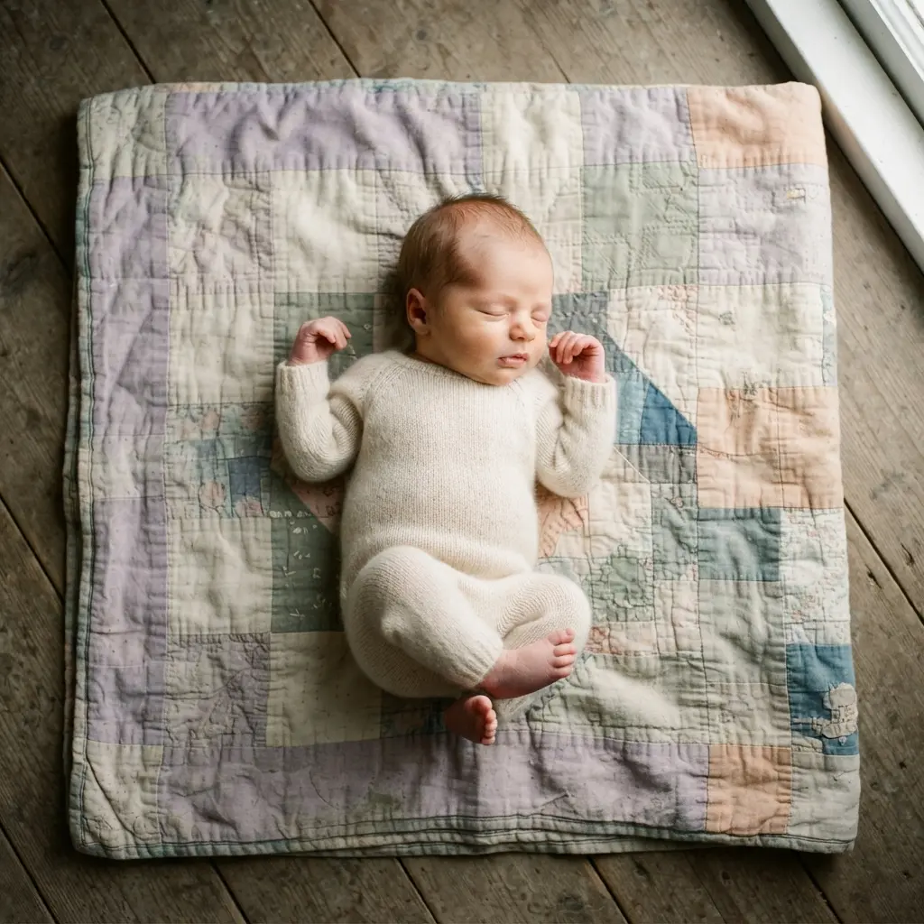 Sleeping newborn positioned on a folded heirloom quilt with soft fabric texture and a clean overhead composition.
