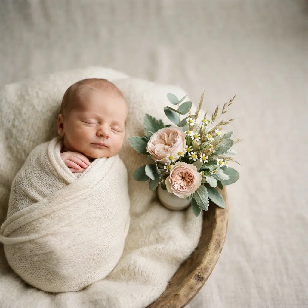 Sleeping newborn wrapped in cream fabric beside a small arrangement of seasonal flowers on a neutral backdrop.