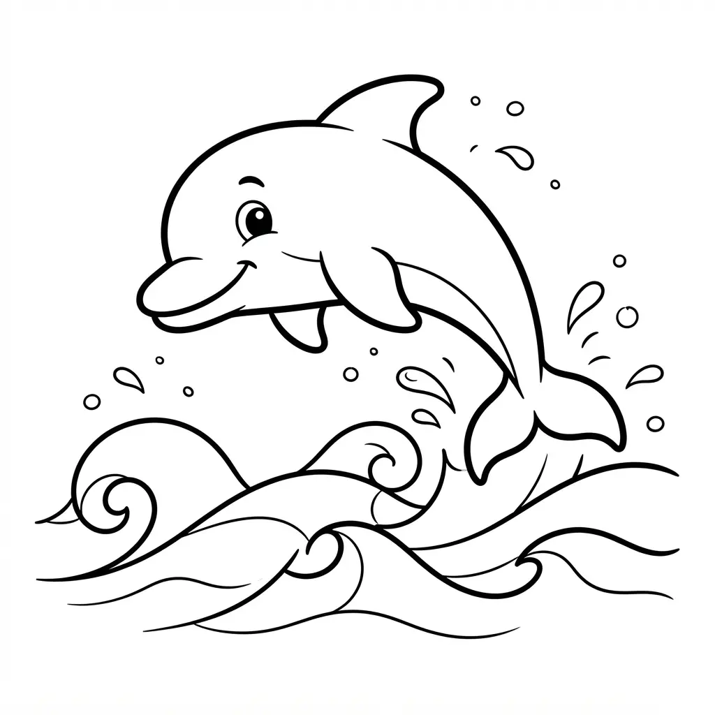 Smiling cartoon dolphin leaping above simple waves in a clean ocean coloring pages outline.