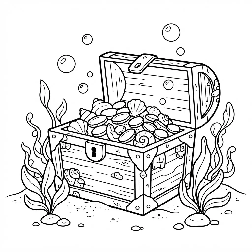 Open pirate treasure chest resting on the seafloor beside coins, shells, and swaying plants.
