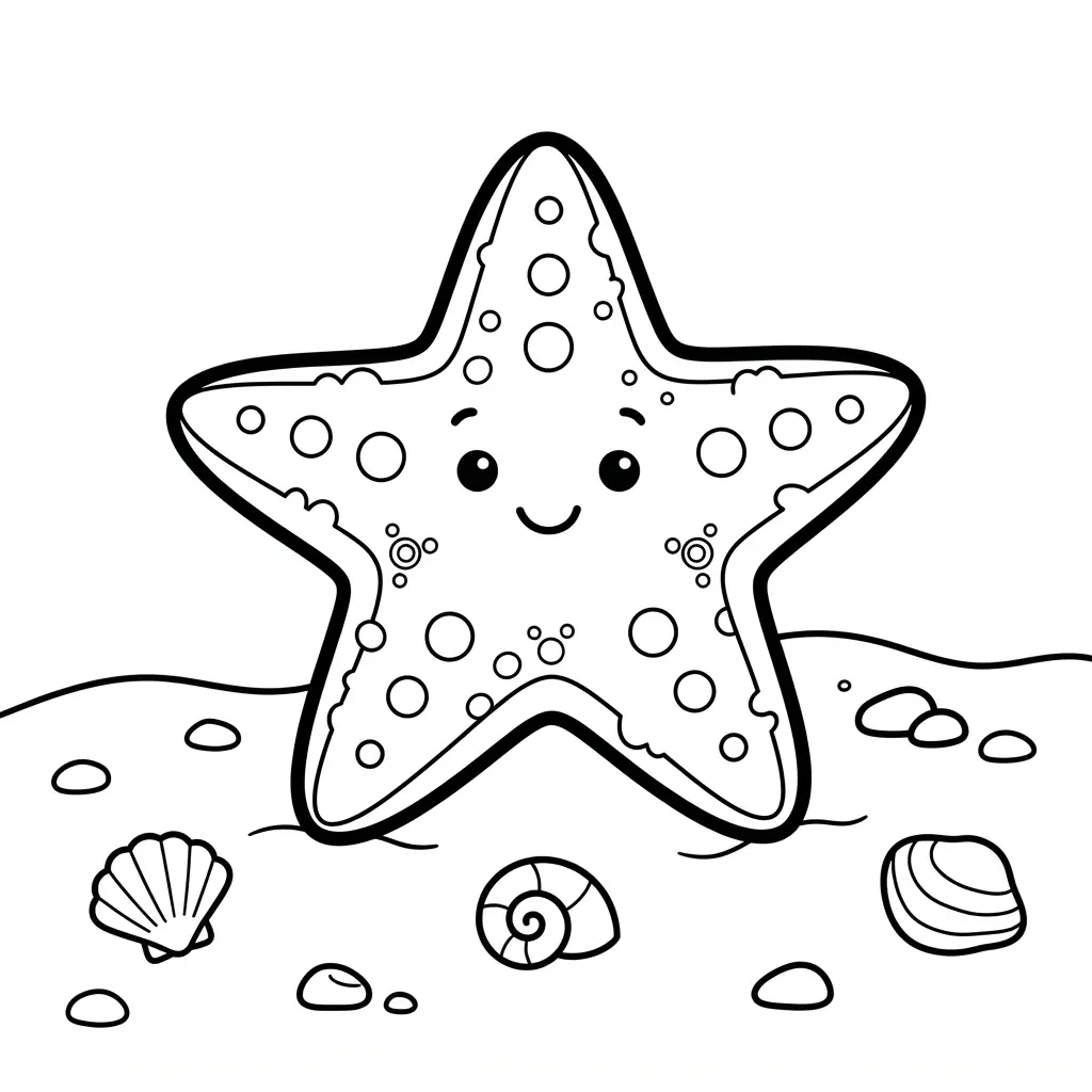 Five-armed starfish resting on sand beside shells and pebbles in an ocean coloring pages scene.