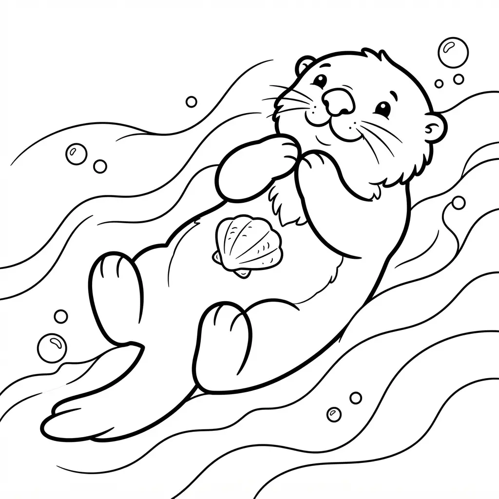 Sea otter floating backward on its back with paws raised and a shell resting on its belly.
