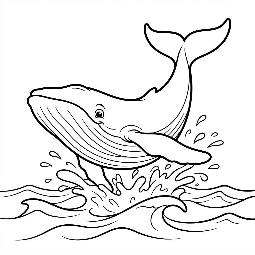Humpback whale rising above the water with a curved body, flippers, and splash lines.