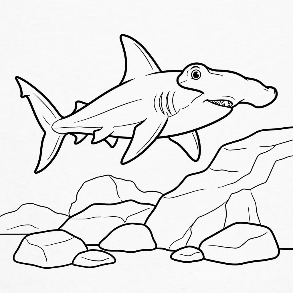Hammerhead shark patrolling beside rocks with its wide head, fins, and simple black outlines.