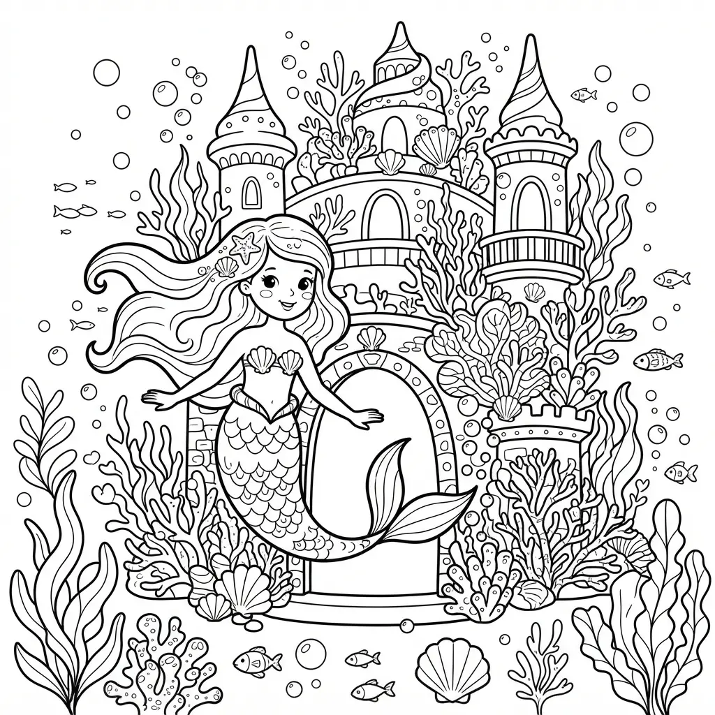 Mermaid exploring a coral castle surrounded by shells, seaweed, and bubbles in ocean coloring pages.