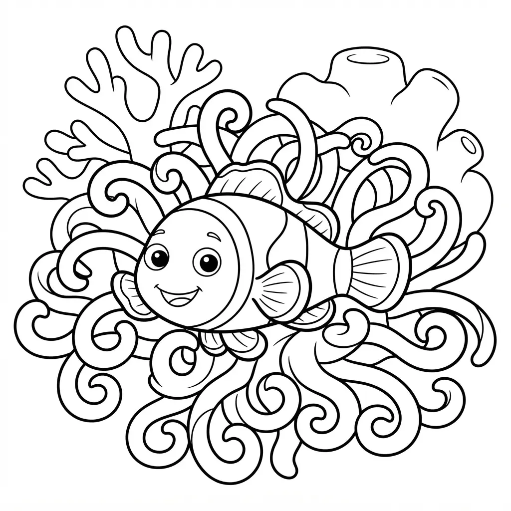 Clownfish hiding inside a sea anemone with curled tentacles and nearby coral shapes.