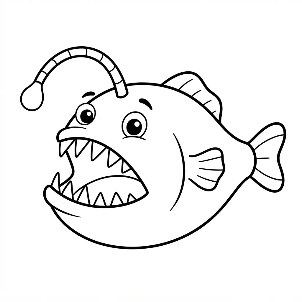 Deep-sea anglerfish with a raised lure, sharp teeth, and large eyes in ocean coloring pages.