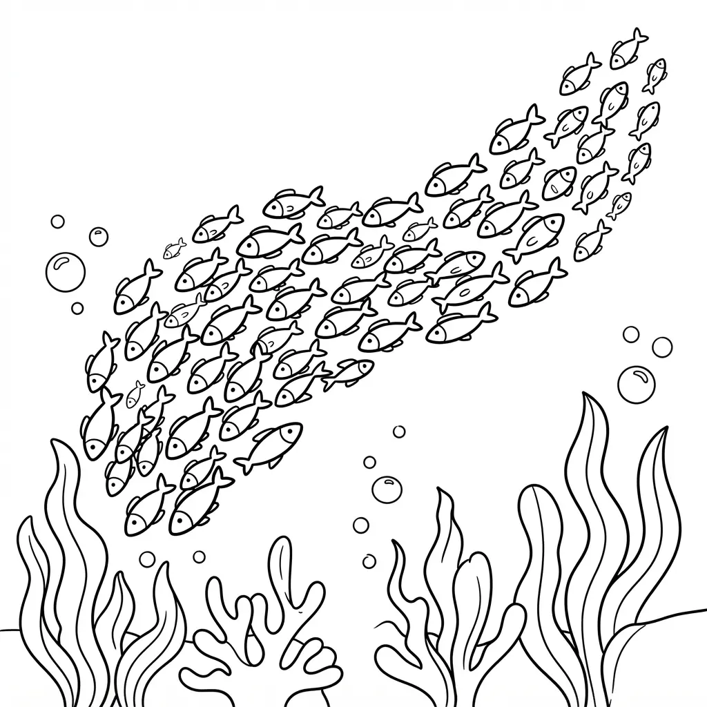 Group of tiny fish swimming together in a curved formation above sea plants and bubbles.