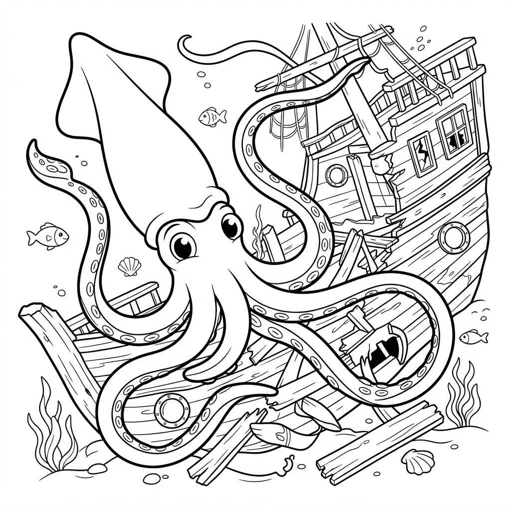 Giant squid near broken shipwreck ruins with long arms, portholes, and scattered sea debris.