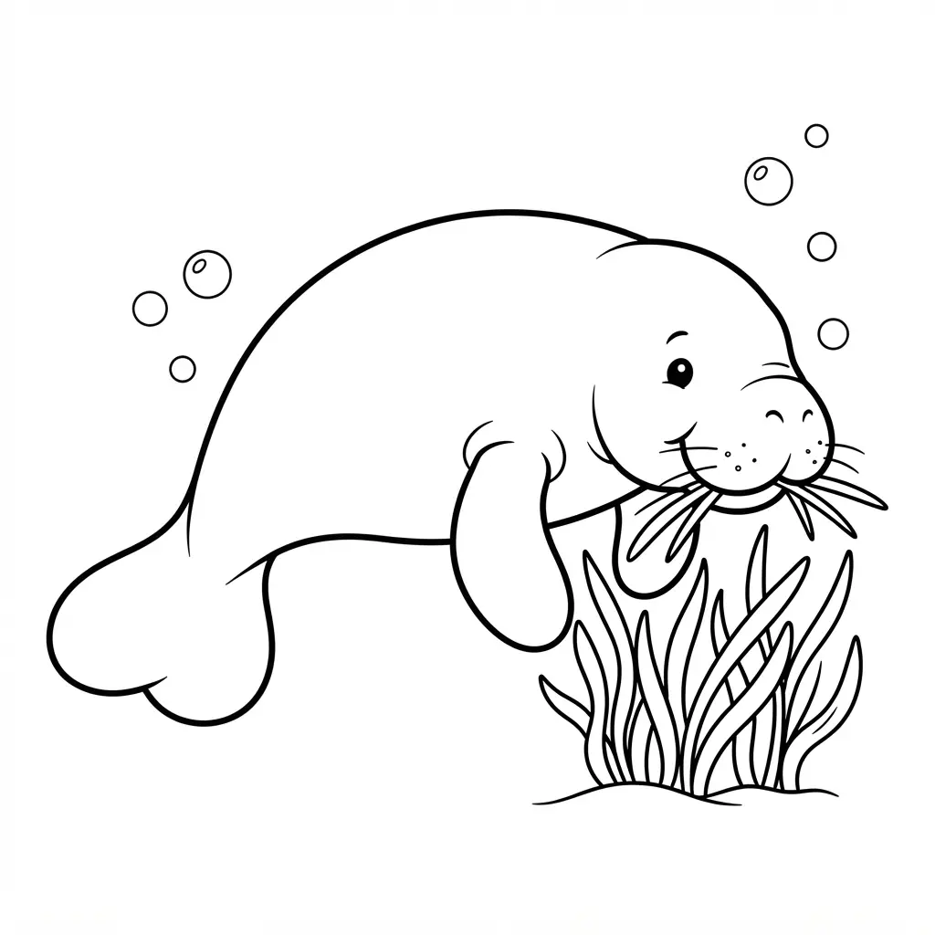 Peaceful manatee grazing on sea grass with rounded flippers, whiskers, and clean outlines.