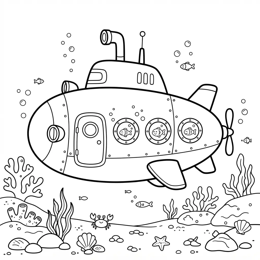 Submarine exploring a deep ocean floor with rocks, vents, bubbles, and tiny sea creatures.