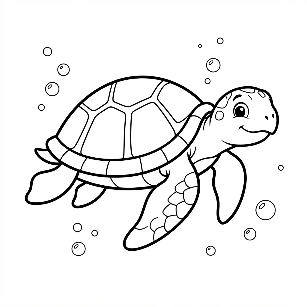 Gentle sea turtle moving through open water with flippers, shell markings, and simple outlines.