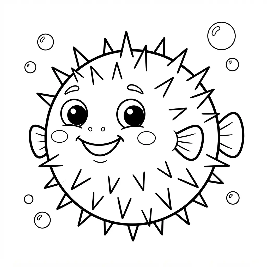 Funny pufferfish floating with expanded spikes, round eyes, and bold ocean coloring pages outlines.