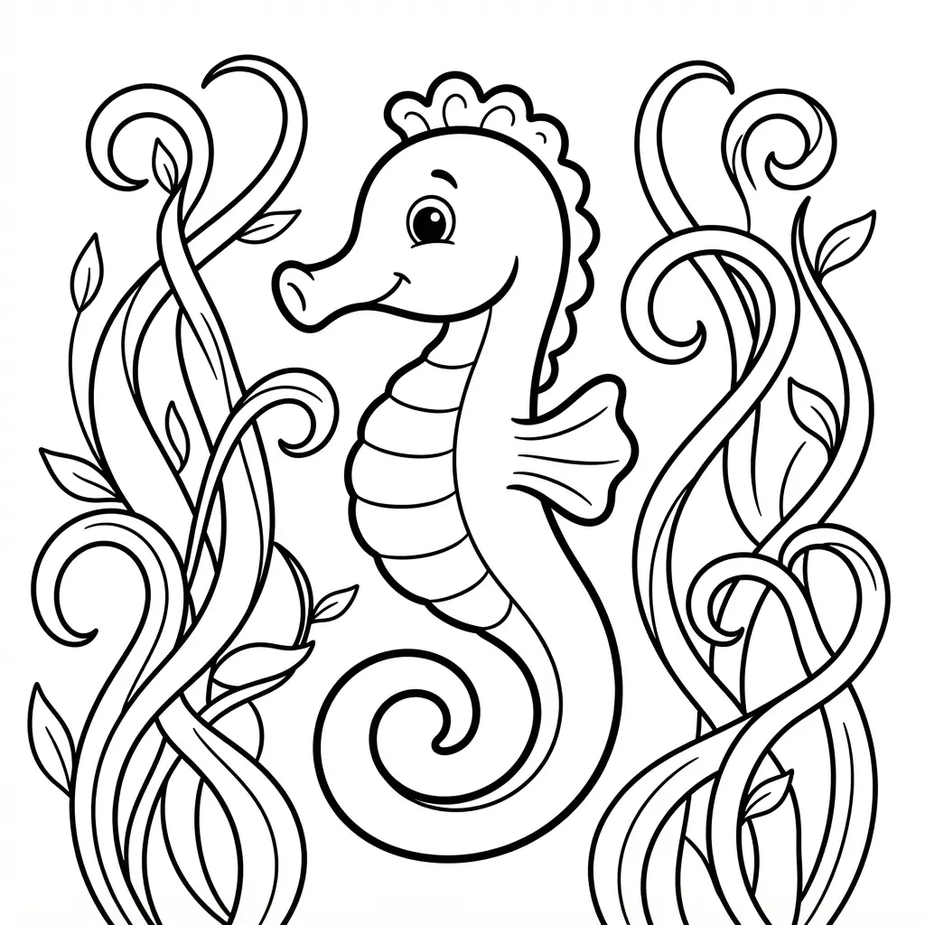 Friendly seahorse hovering among tall sea grass with a curled tail and tidy black outlines.