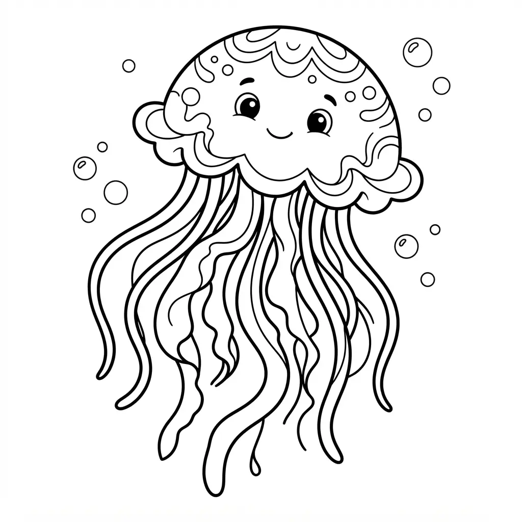 Jellyfish with a rounded bell, long tentacles, and bubbles in a clean ocean coloring pages design.