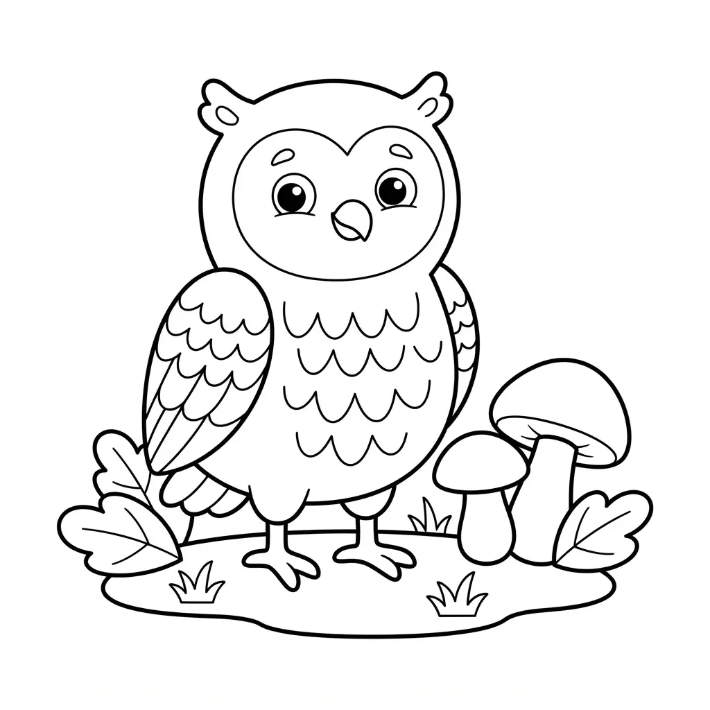Whimsical owl coloring pages scene showing a round owl beside mushrooms and woodland leaves in clean line art.
