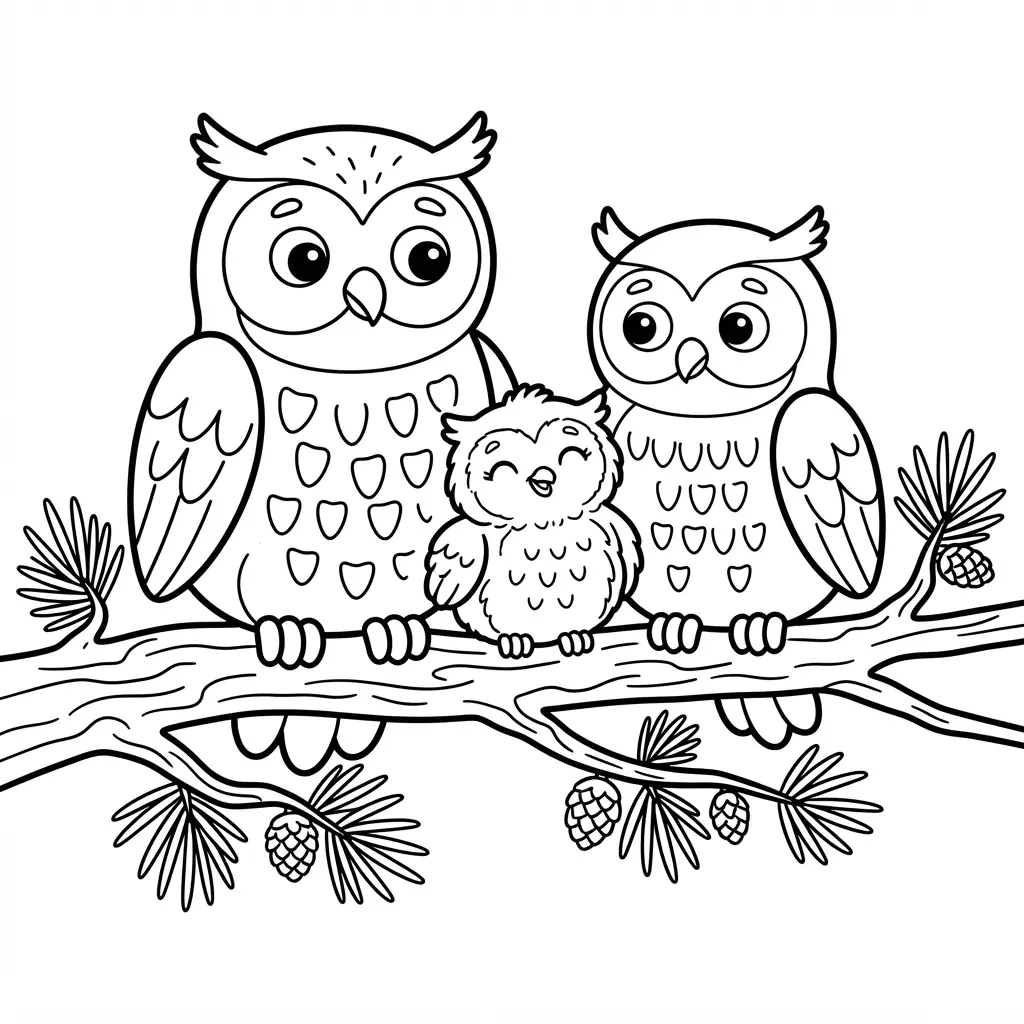 Three owls of different sizes perched together on a pine branch, surrounded by simple forest foliage.