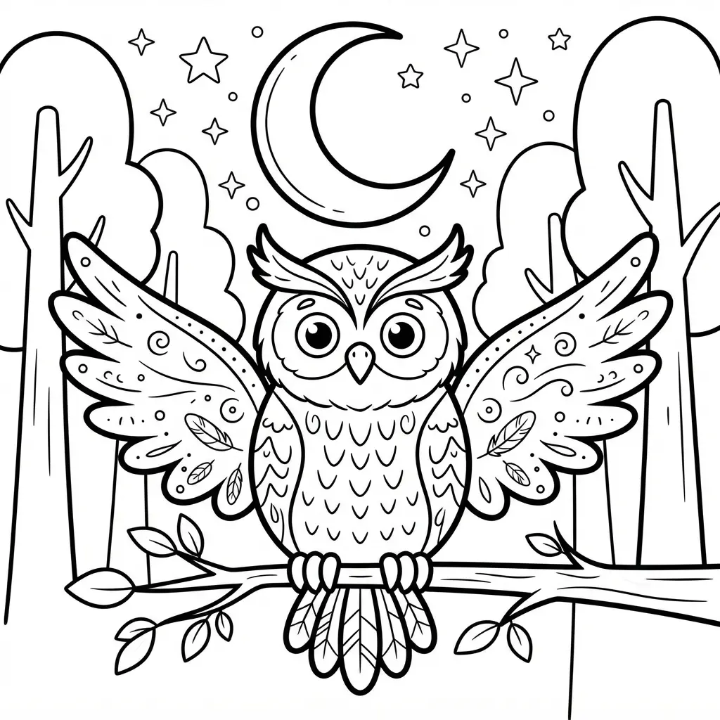 Mystical owl coloring pages scene showing an owl under a crescent moon with stars and tall forest trees.