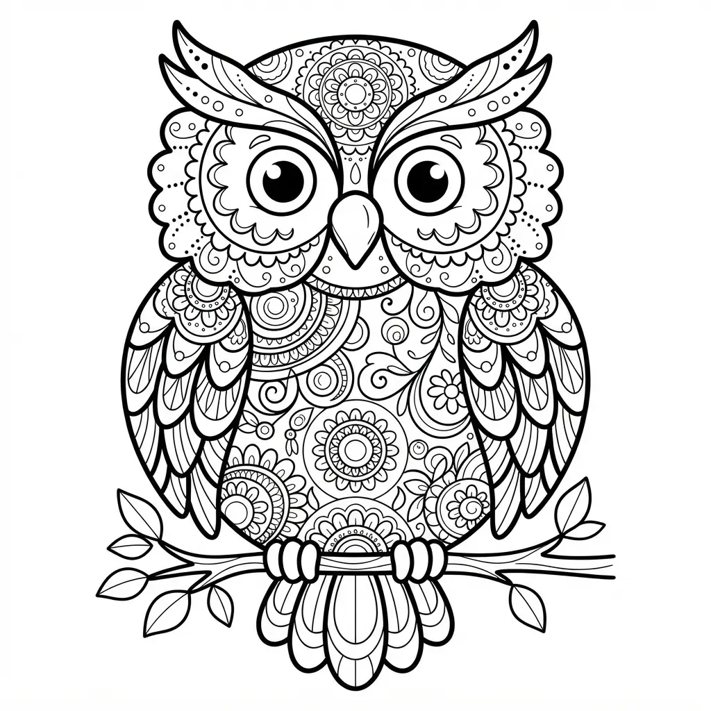 Mandala style owl illustration with repeated feather shapes, circular details, and clean black lines on white paper.