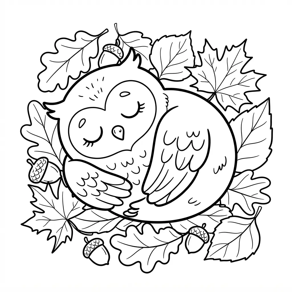 Sleeping owl coloring pages scene showing a curled bird resting among scattered autumn leaves and acorns.