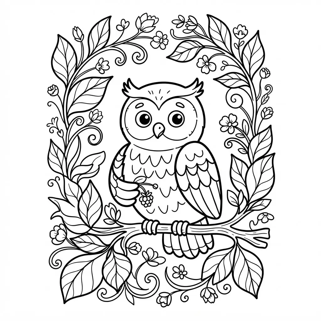Vintage botanical owl art showing a perched bird framed by detailed leaves, stems, and small flowers.