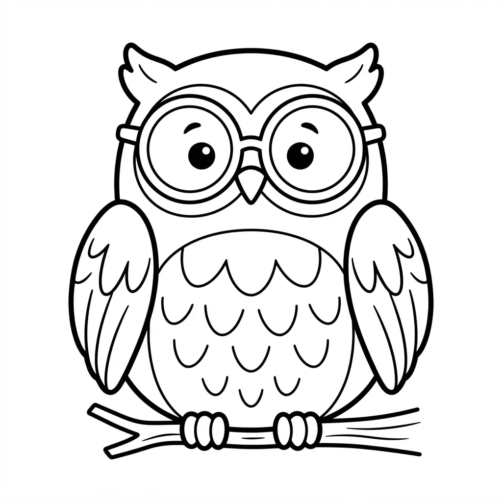 Sitting owl coloring pages design showing a round bird with large glasses, feather details, and open coloring spaces.