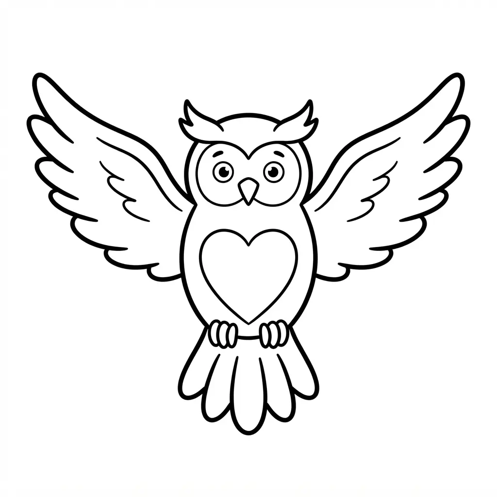 Flying owl with spread wings shown in a minimalist black outline and wide white spaces for easy coloring.
