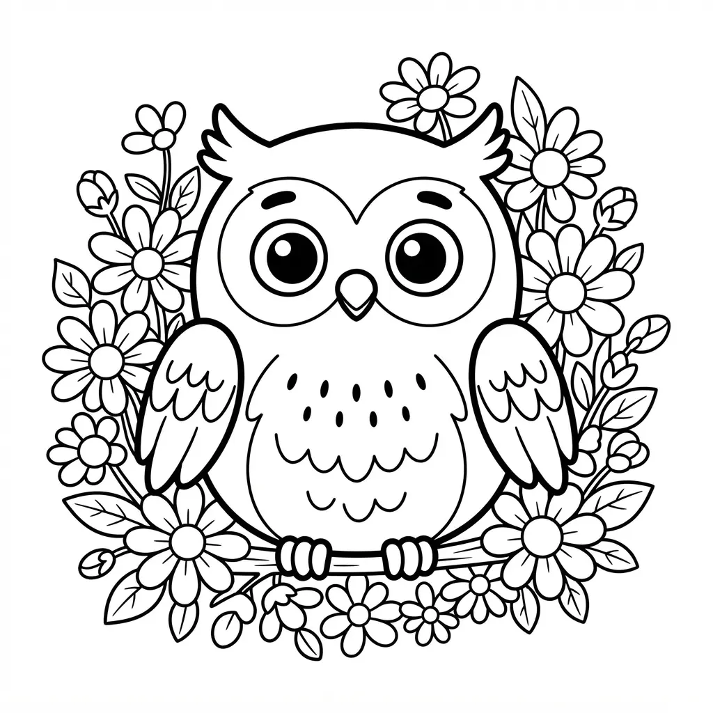 Big-eyed kawaii owl with flowers around its body, shown as clean black outline art on a white page.