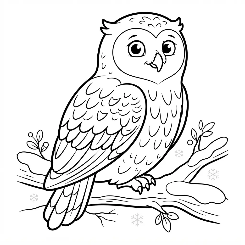 Realistic snowy owl coloring pages design showing the bird perched among snow-covered branches with clear outlines.