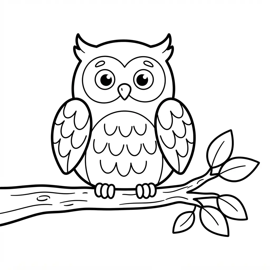 Cartoon owl sitting on a thick branch, shown with bold black outlines and large open spaces for young colorists.