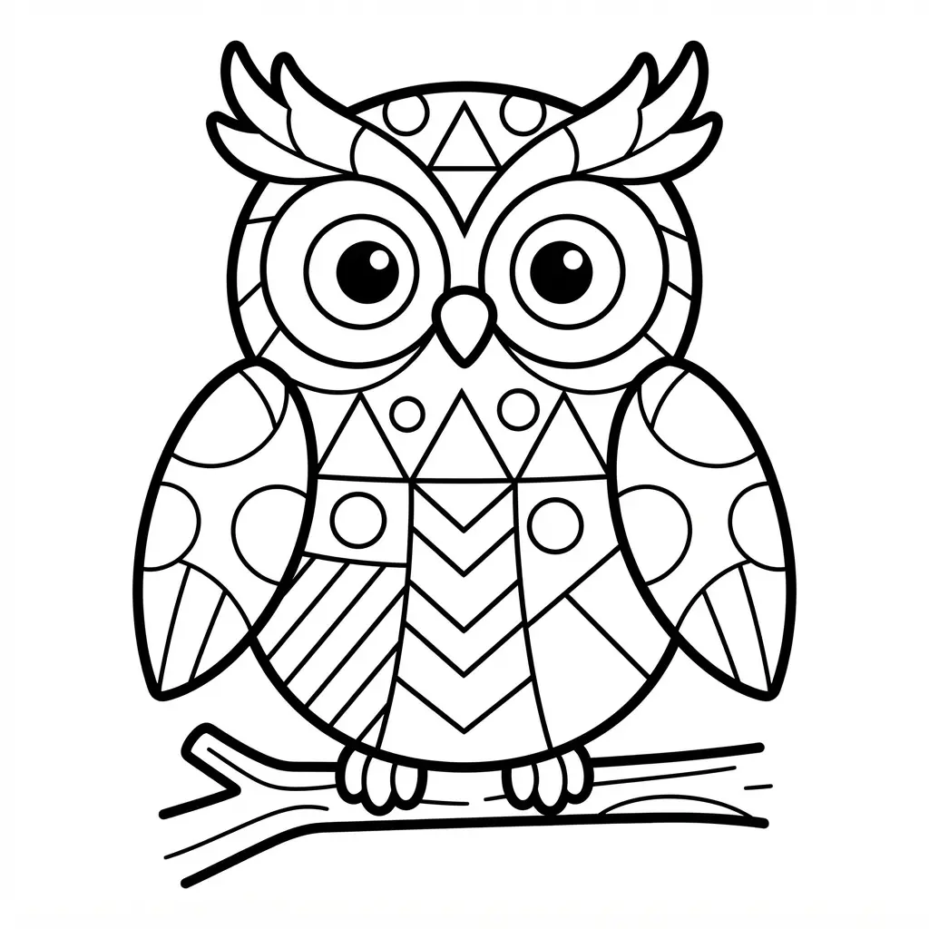 Geometric owl coloring pages design showing the bird's body divided into bold shapes with balanced white space.
