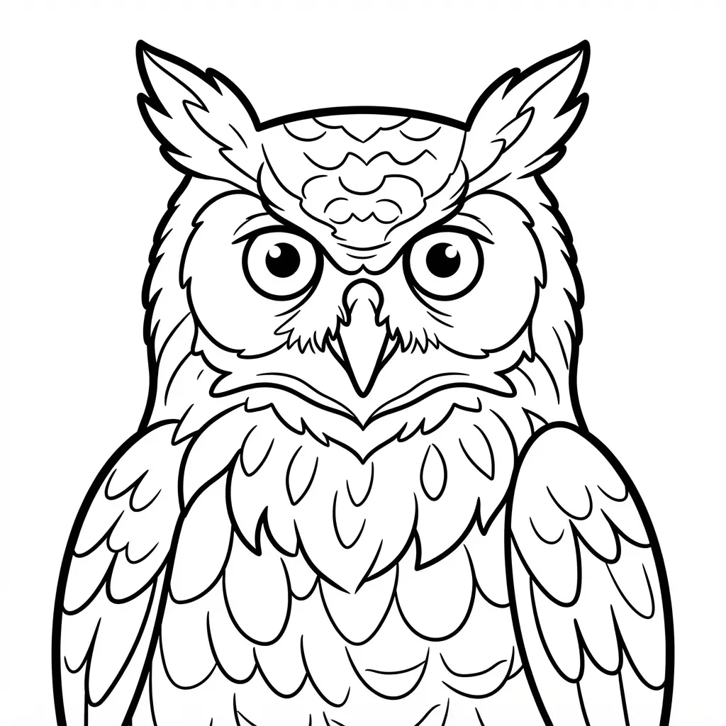 Great Horned Owl portrait with pointed ear tufts and feather lines, shown in a detailed black-and-white sketch.