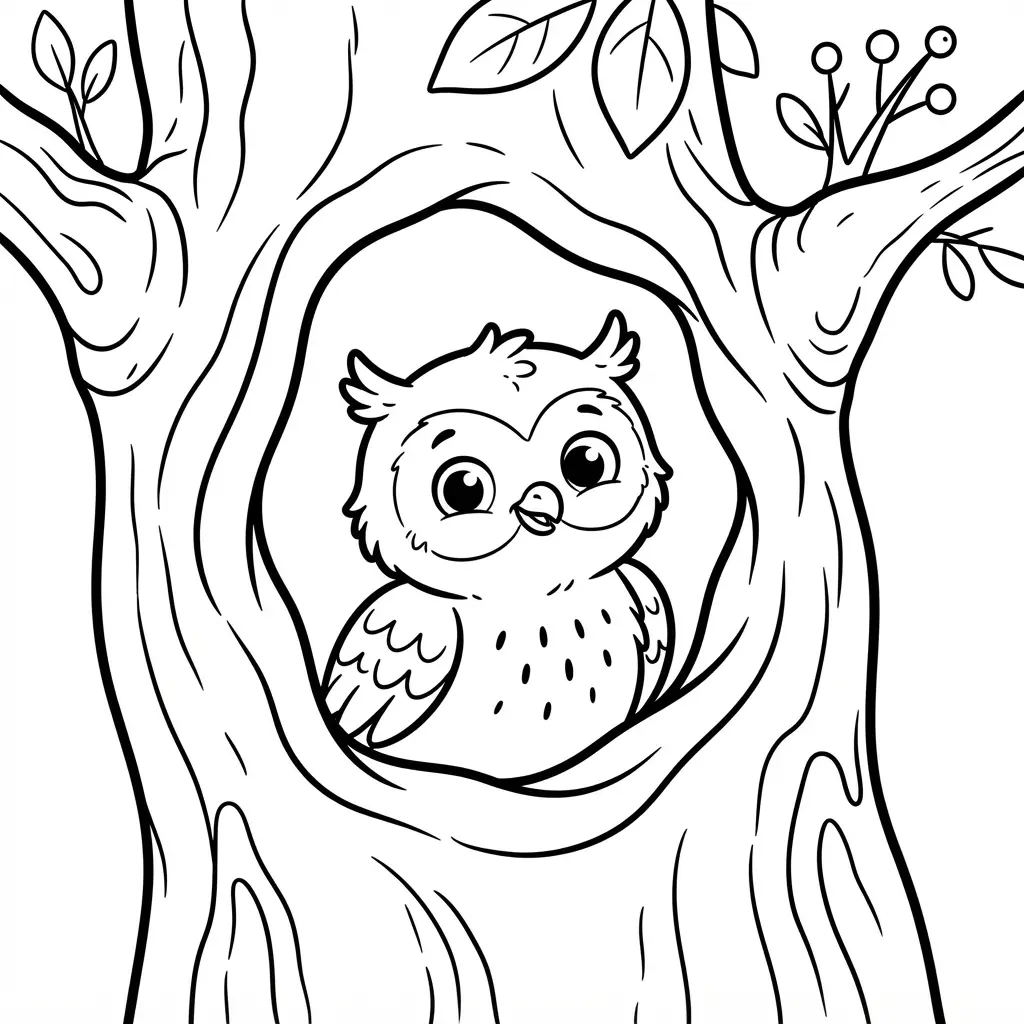 Baby owl coloring pages scene showing a small bird peeking from a tree hollow with rounded, gentle outlines.