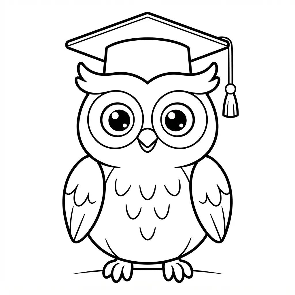 Cute owl in a graduation cap standing upright, shown in clear cartoon outlines with a simple school setting.