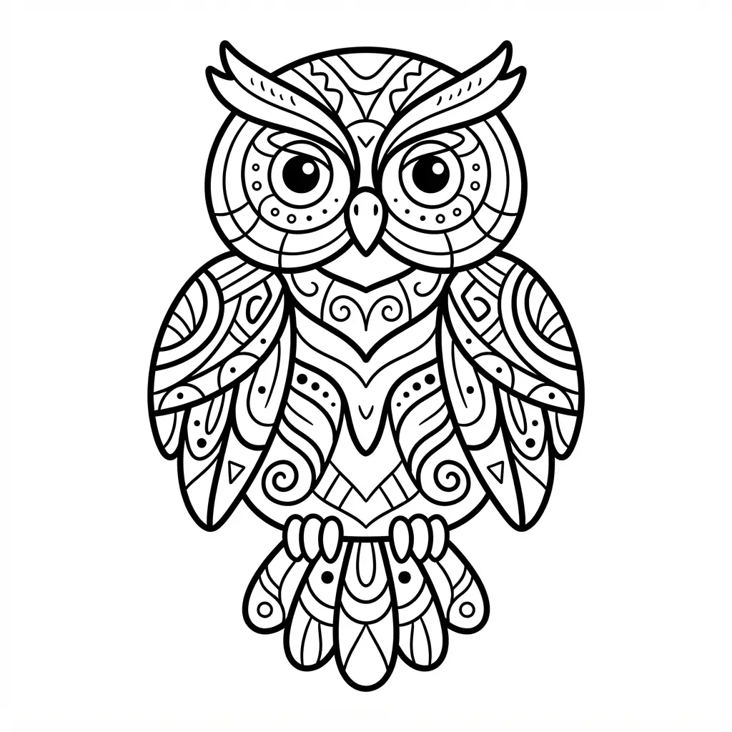 Tribal art inspired owl coloring pages design featuring bold curved lines and decorative feather sections.