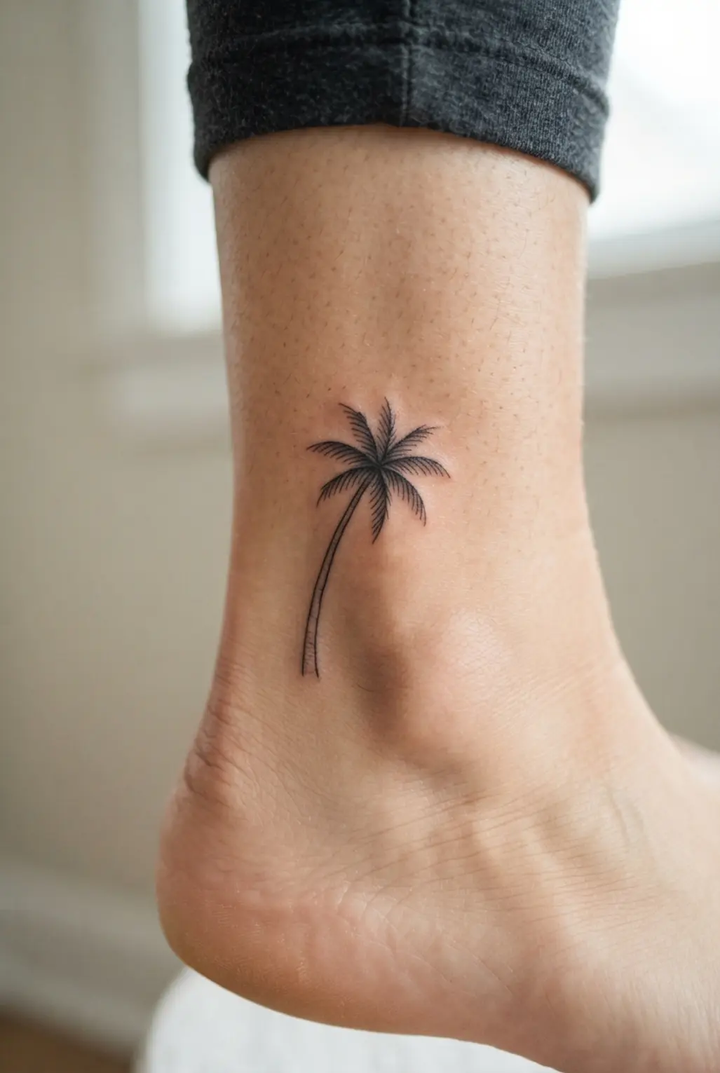 Palm tree tattoo ideas showing a single leaning palm in fine black linework on a clean ankle.